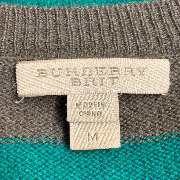 BURBERRY BRIT Size M Green Brown Stripe Cashmere V-Neck Pullover - Picture 7 of 8